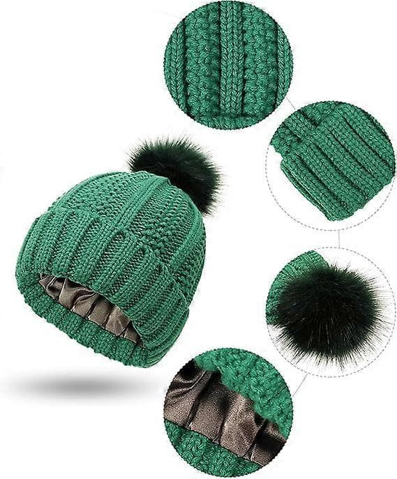 Stickad mössa för kvinnor med satin foder Pom Pom Vinter Varm Mössa Tofsmössa