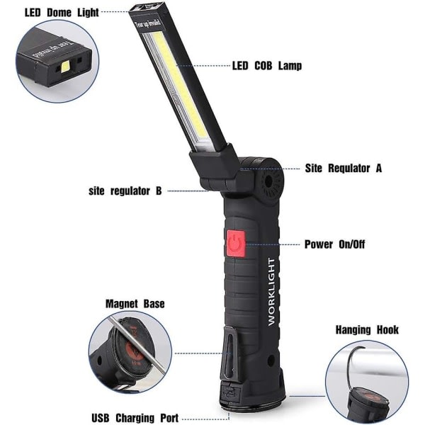 LED-lys, 2 stk. genopladelig arbejdslampe, arbejdslampe med magnetisk base og ophængningskrog, 360 graders rotation i 5 positioner