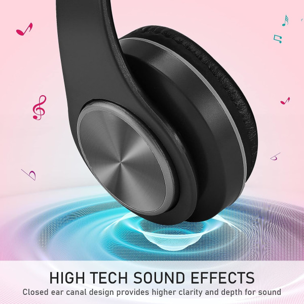 Trådlösa hörlurar över örat, trådlösa stereohopfällbara hörlurar Inbyggd HD-mikrofon, FM, SD/TF, Deep Bass Lättviktsheadset med tråd (svart)