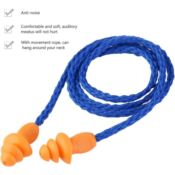 10 par bløde ørepropper med ledning af silikone Genanvendelige høreværn-ørepropper (blå)