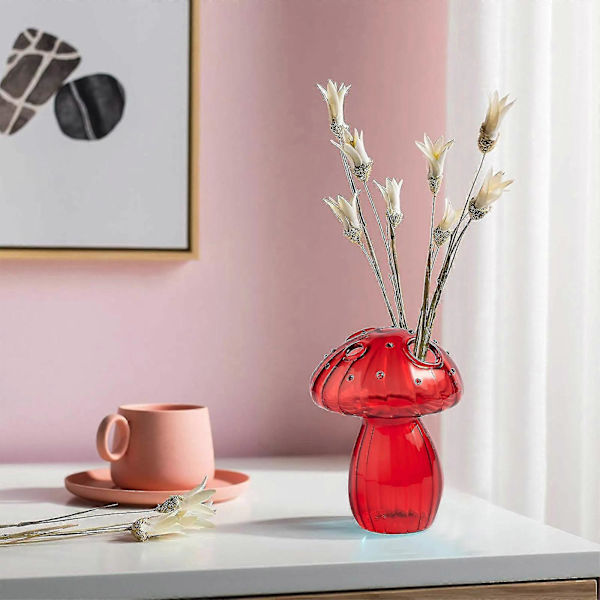 Hieno Lasinen Sienivase, Värillinen Lasivase, Sienikukkavase, Sienikoriste red