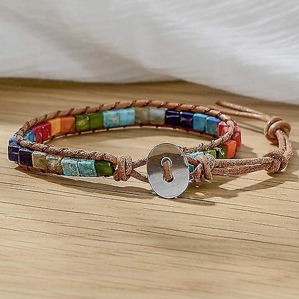 Chakraarmband för kvinnor med äkta stenar Läderlindat helande pärlarmband Kvinnor Män Boho Vänskapsmycken