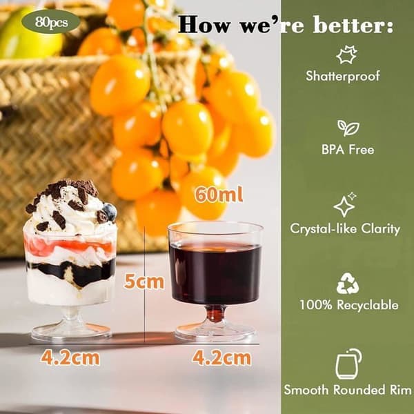 Sæt med 80 plastikglas, 60 ml, runde, perfekt gennemsigtige og genanvendelige til servering af mousse.