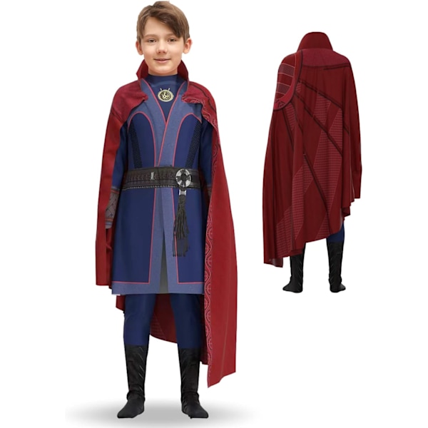 2022 Barn Dr Superhero Strange Kostym Deluxe Overall Röd Krage Cape Outfit För Halloween Cosplay Kostymfest Fancy Dress Up(M 140CM)