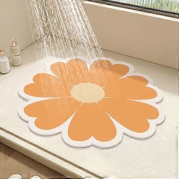 Rund Duschmatta Blomma Badmatta för Inuti Duschen, PVC Loofah Badrumsmatta, Halksäker Badmatta Anti-Mögel Duschmatta med Avlopp, Snabbtorkande Orange 60x60cm