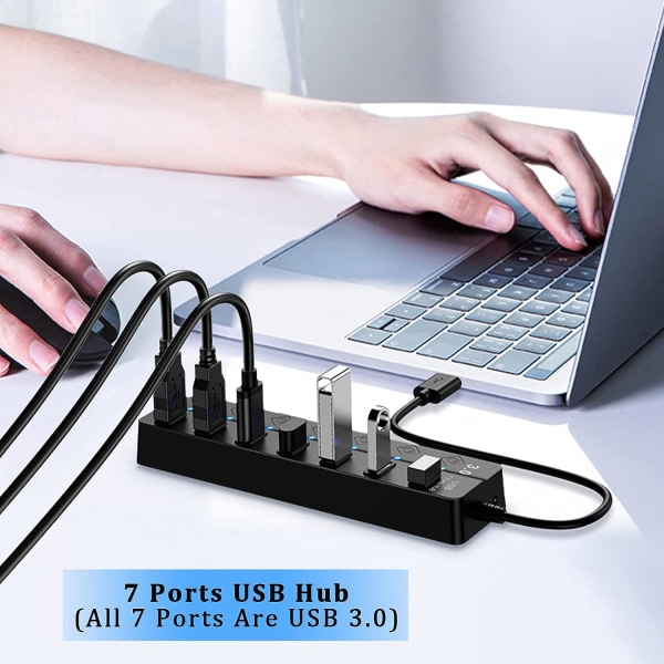 USB 3.0-hubb, 7-portars USB -förlängningshubb för bärbar dator, flera USB portarsförlängare för bärbar dator, dator Alla USB -tillbehör (7-portars USB 3.0-hubb)