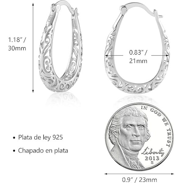925 Sterling Sølv Post Filigran Hoop Øreringe til Kvinder Hule Ovale Hoop Øreringe Hypoallergeniske U-formede Hoop Øreringe til Smykkegaver Silver