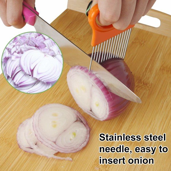 2 stk løkholder for kutting, rustfritt stål pinner kjøkken slicer, sitron agurk kammer, kjøttmørner, grønn og oransje (oransje)