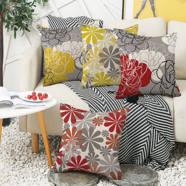 Kuddfodral - Linne - Set om 4 - Grå - Fyrkantig - Boho-mönster - 45x45cm