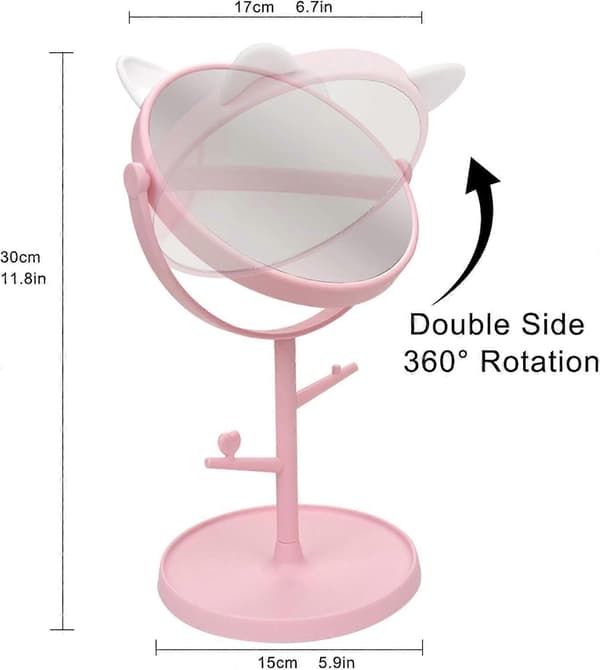 Sovrumsspegel - & Sminkspegel i söt kattöronform för flickors presenter i badrum eller sovrum - Rosa