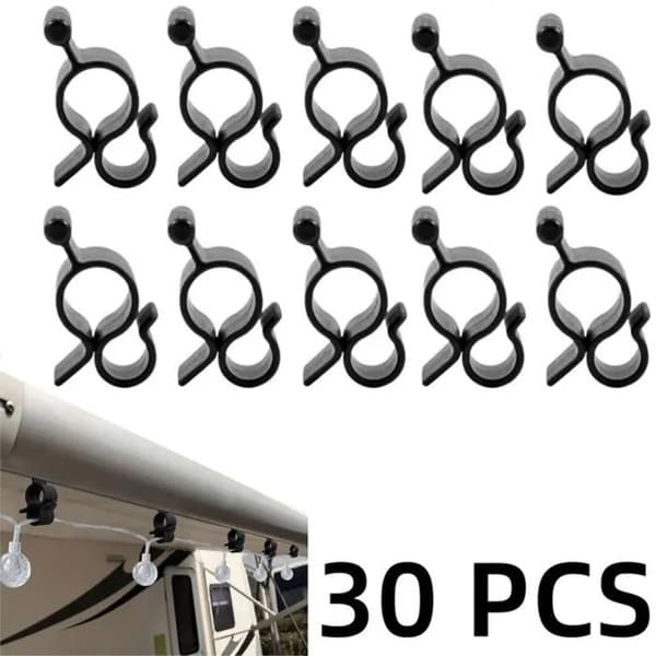 Camping Markiseclips til lyskæder, 30 stk., 6-8 mm skinne, sorte S-kroge i plast