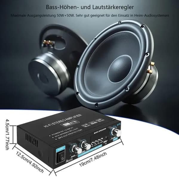 Mini HiFi Bluetooth-forsterker, 2-kanals lydforsterker med bass- og diskantkontroll, 50W effekt