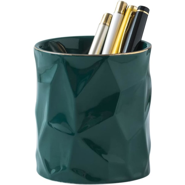 Keramisk uregelmæssig rund penneholder til skrivebord Sød stativ Gold Line Blyant Kop Pot Skrivebordsarrangør til piger Børn Makeup børsteholder (grøn)