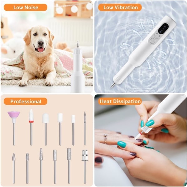 Elektrisk nagelfil, sladdlös nagelfilmaskin med 12 nagelfilar, bärbar nagelfilset med trådlös laddningsbas White
