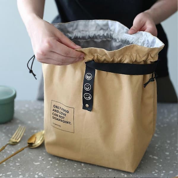 Isolerad Bento-väska Justerbar Bred Öppning Canvas Dragskodesign Lunchväska[PB] Khaki