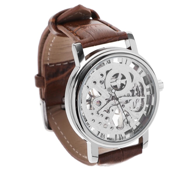 Automatisk mekanisk watch för män med Pu-band (vit+brun)