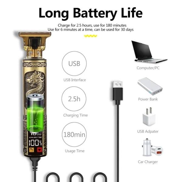2023 Vintage Body T9 Trådløs Elektrisk Shaver Hårklipper til Mænd Hårklipper Barber Skægtrimmer USB Metal dragon1