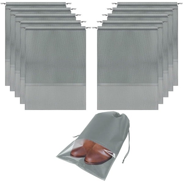 10-pack svarta bärbara resesko påsar platsbesparande dammsäkra förvaringsväskor (13 x 17,32 tum), grå