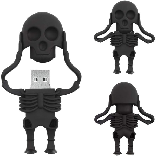 64 GB USB-flashdrev tegneserieskeletformet Memory Stick, Cool Thumb Drive Novelty Pen Drive Fantastiske gaver, sort