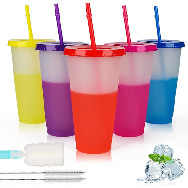 Kalde Kopper med Lokk og Sugerør - 5 Pakke Fargeskiftende Kopper 24oz Bulk Magic Tumbler Reisekrus - Gjenbrukbare Plastkopper Smoothie Milkshake Kopp