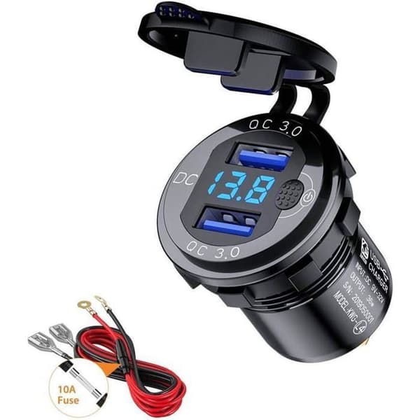 Billader USB Hurtiglading QC 3.0 Dobbel Port Vanntett Adapter 36W Rask Lading med Digital Voltmeter