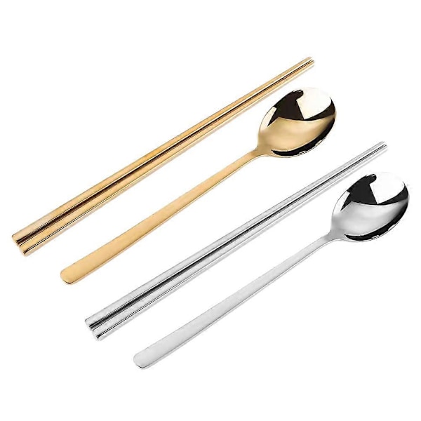 2 Set Ätpinnar och Skedar Rostfritt Stål Metall Koreanska Ätpinnar Sked Black