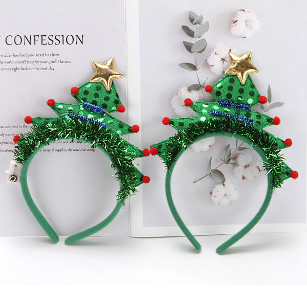 Green tiaras in the shape of a Christmas tree, luminous decorations for hair without lights, show accessories in the shape of a Christmas tree tiara.