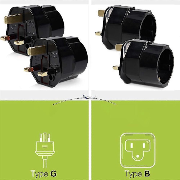 2x Reiseadapter Adapterplugg for England - Reiseplugg Strømadapter EU til UK-kontakt - Reiseplugg Black