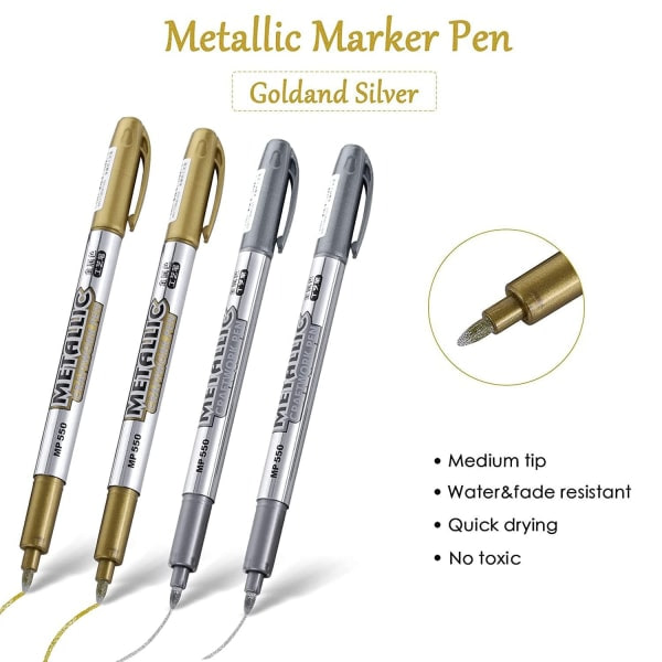 Metalliska markeringspennor, metallpennor silver och guld skrivpenna för kort Guld markeringspenna Silver bläckpenna 2 guld & 2 silver