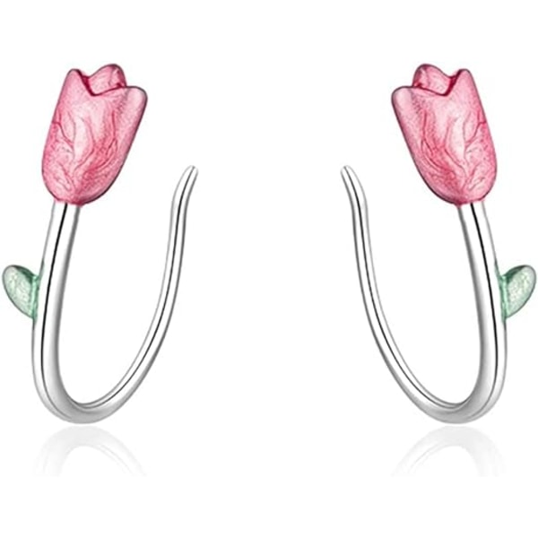 Sterling Silver Tulip Flower Crawler Örhängen Manschett för kvinnor Tonårsflickor Rosa Flower Wrap Örhängen Climber