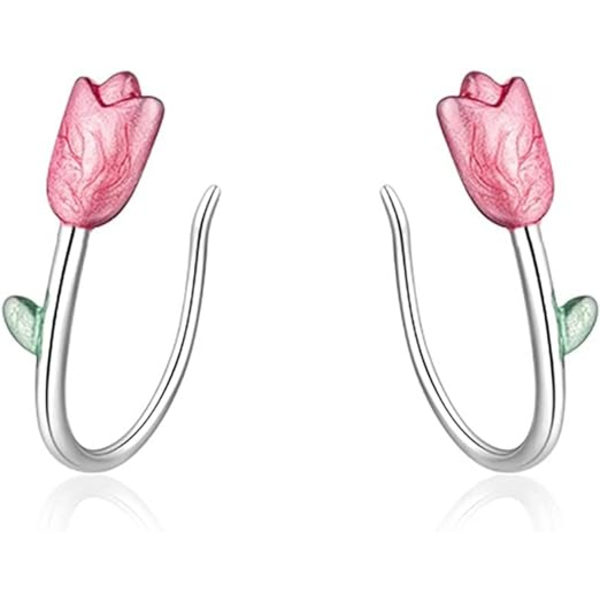 Sterling Silver Tulpan Blomster Crawler Örhängen Manschett för Kvinnor Tonårsflickor Rosa Blomster Wrap Örhängen Klättrare