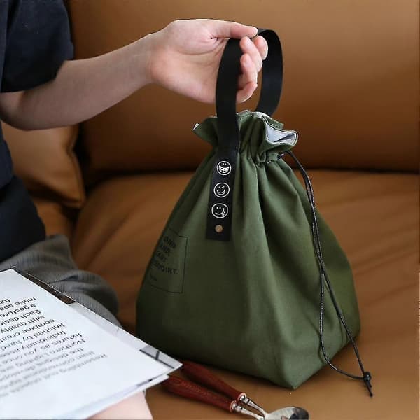 Isolerad Bento-väska Justerbar Bred Öppning Canvas Dragskodesign Lunchväska[PB] Green