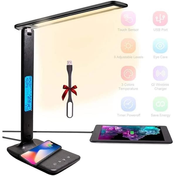 MAGICFOX Dimbar LED Bordlampe, 3 Moduser - 3 Lysstyrkenivåer - LCD-skjerm - Trådløs Ladefunksjon - Gratis LED-pære