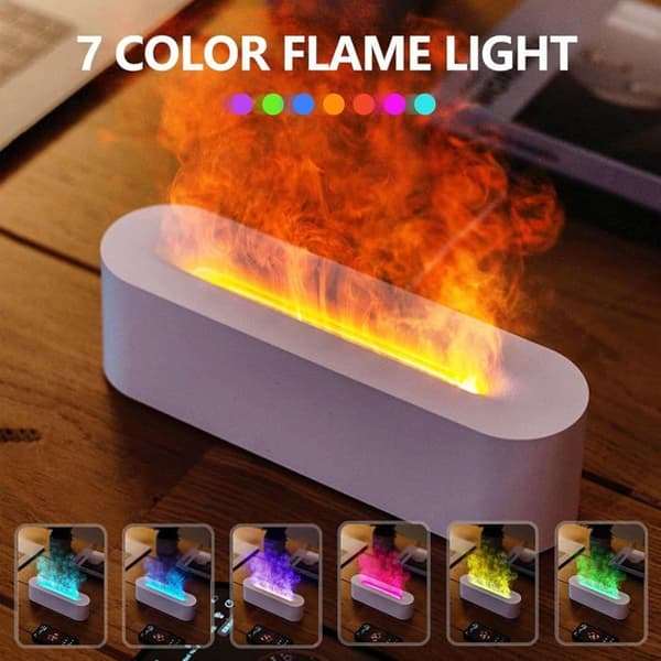 3-i-1 Hjemme Aroma Diffuser, 7-farvet LED-lys, Flammeeffekt, Timer og Automatisk Slukning - Hvid