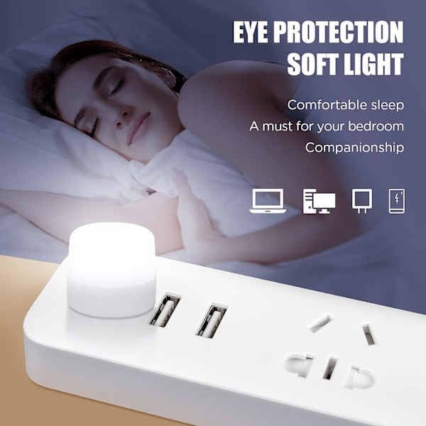 24 stk. USB natlys Mini lys Kompakt lampe Lille rund hvid natlys Bærbar LED atmosfære Stik til børns soveværelse Gang Køkken
