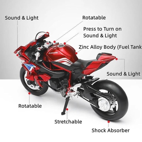 1/12 H2r Ninja 250 legetøjsmotorcykel trykstøbt metal model 1:12 Super sports racing lyd og lys serie gave til drenge