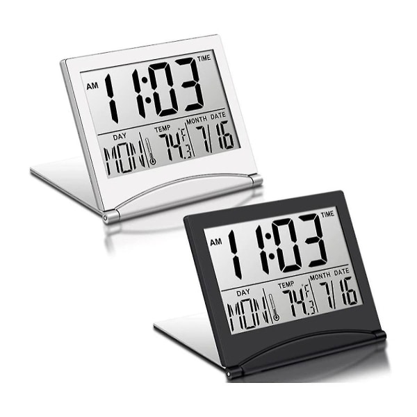 2 st digitala resväckarklockor hopfällbar LCD-klocka med kalendertemperatur snooze-läge bärbar, kuolu