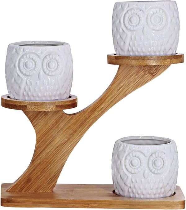 Set med 3 Uggleplanteringskärl, Modern Dekorativ 3-vånings Vit Bambu Keramisk Planteringskärl (Växter Ingår Ej)