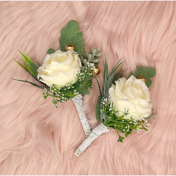 2 stk Bryllup Boutonniere Til Brudgom og Bedste Mand Suit Dekoration Kunstige Roser Knaphuller Blomst Til Bryllup Prom Party, Elfenben