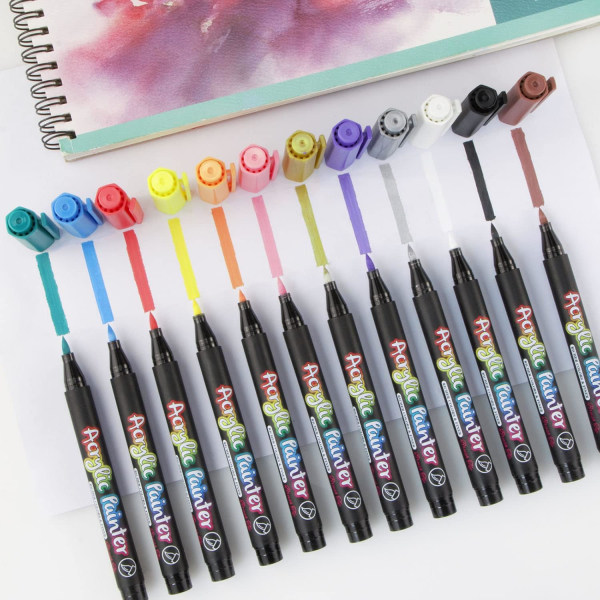 Färgpennor, Akrylpennor med borstspets, 12 färger akrylpennor för stenmålning Glas Trä Keramikhantverkstillbehör, färgmarkörer