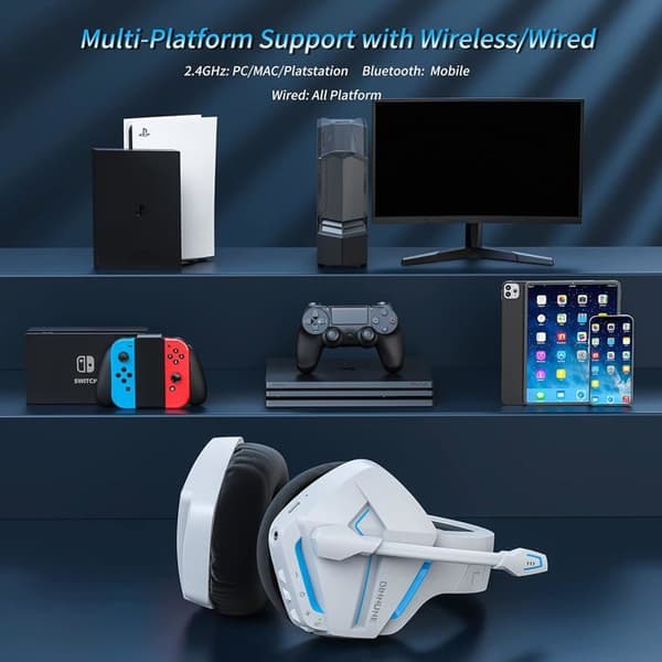 Trådlöst Gaming Headset med Brusreducerande Mikrofon för PS4 PS5 PC Playstation 4 5, 2.4G + Bluetooth, Vit