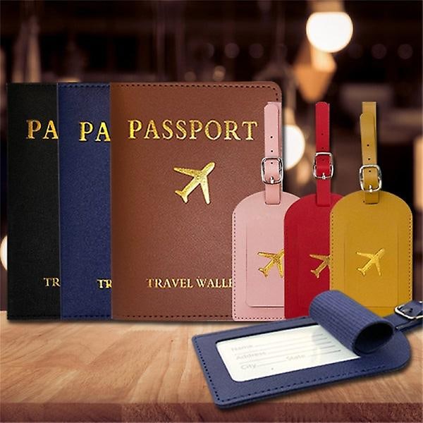 Yksinkertainen Passinpidin ja Matkatavaralappu Nahka Travel Set - Tarjous Sininen Passi & Lappu