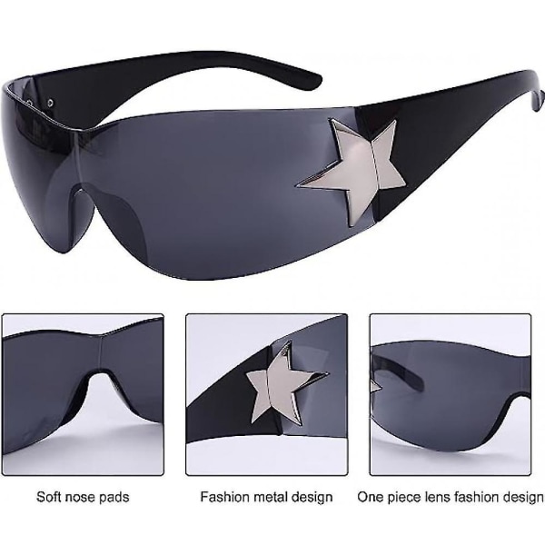 Båglösa Y2k-solglasögon,solglasögon Herrsolglasögon för kvinnor,båglösa Shield Y2k Wrap Around-solglasögon Trendiga Estetiska Y2k-glasögonskydd (svarta)