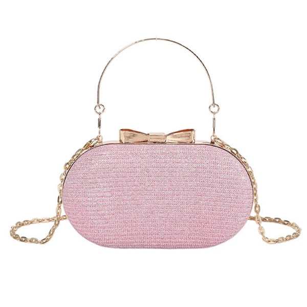 Oval Form Glitter PU Lær Kveldveske Håndveske med Topphåndtak og Kjede for Kryssbæring Bryllupsfest Liten Rund Håndveske Rosa Pink
