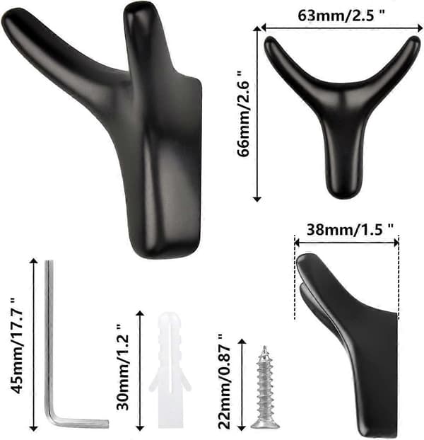 4 st Dubbla Klädkrokar Väggmonterade, Kraftiga Dubbla Väggkrokar Solid Zinklegering Rockkrok Hängande Handdukar Nycklar Väskor Hattar Matte Black