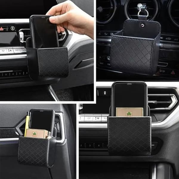 Biludluftningsorganisator, hængende opbevaring 9x5x12 cm, telefon-, nøgle- og brilleholder, sort