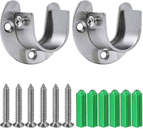 Rund rörhållare för garderobsstång, 2 stycken garderobsstång ändbeslag silverton med skruvar, U-form (25mm)