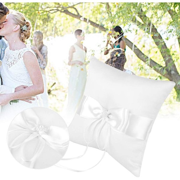 Hvit sateng sløyfe ringbærer holder puter med simulert perle bryllup ring pute bryllup forlovelse fest tilbehør(2#)
