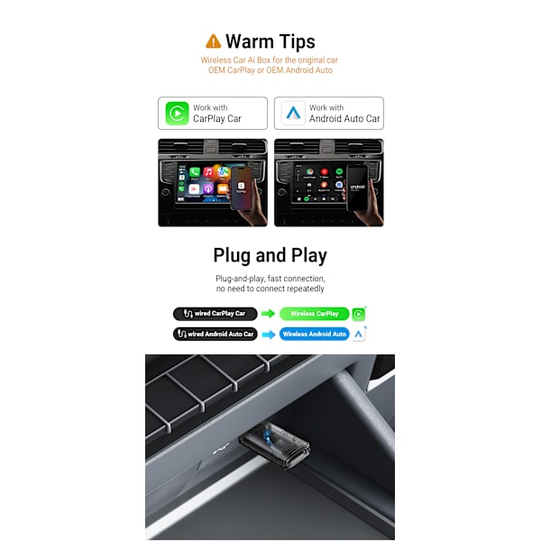 2 I 1 Trådløs CarPlay Android Auto Adapter, Kablet til trådløs carplay bilnavigationsforbindelsesboks Ottomotion Mini（Android auto）