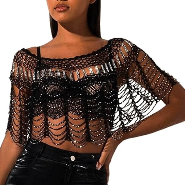Sexet Mesh Bikni Badedragt Cover Ups Sort Fishnet Rhinestone Beach Coverups Hollow Out Crop Tops Skjorte Festival Body Chains Cover Up Black